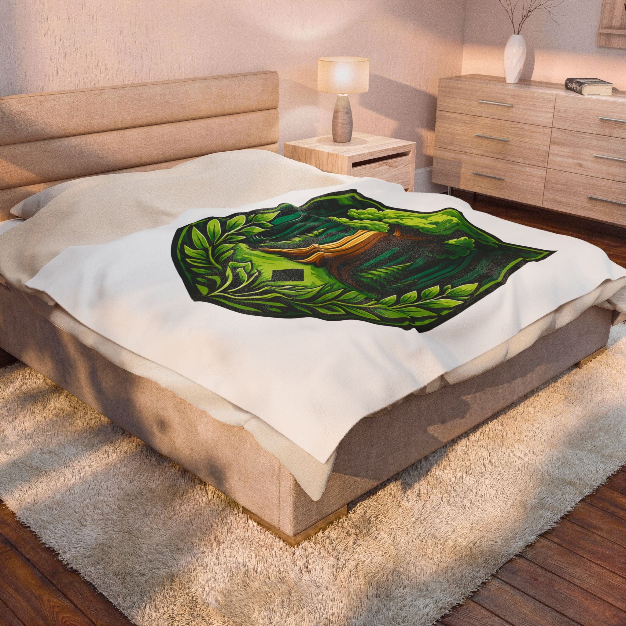 Forest Crest Velveteen Plush Blanket — Green Tree Emblem Cozy Throw