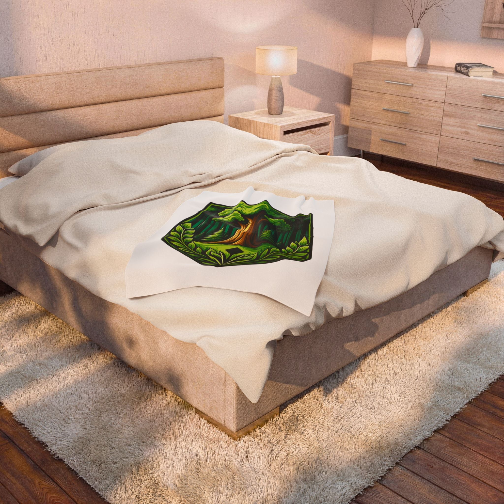 Forest Crest Velveteen Plush Blanket — Green Tree Emblem Cozy Throw