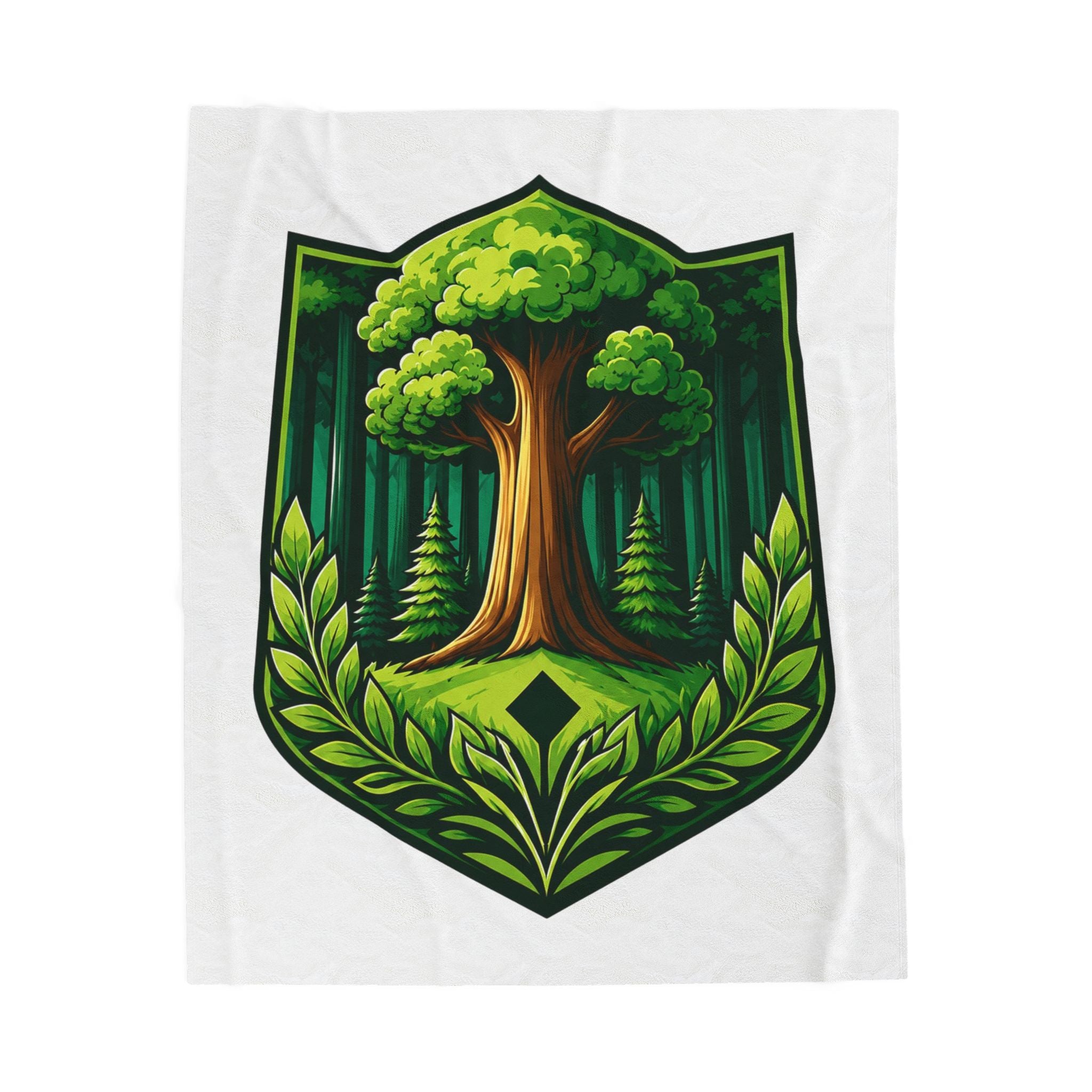 Forest Crest Velveteen Plush Blanket — Green Tree Emblem Cozy Throw