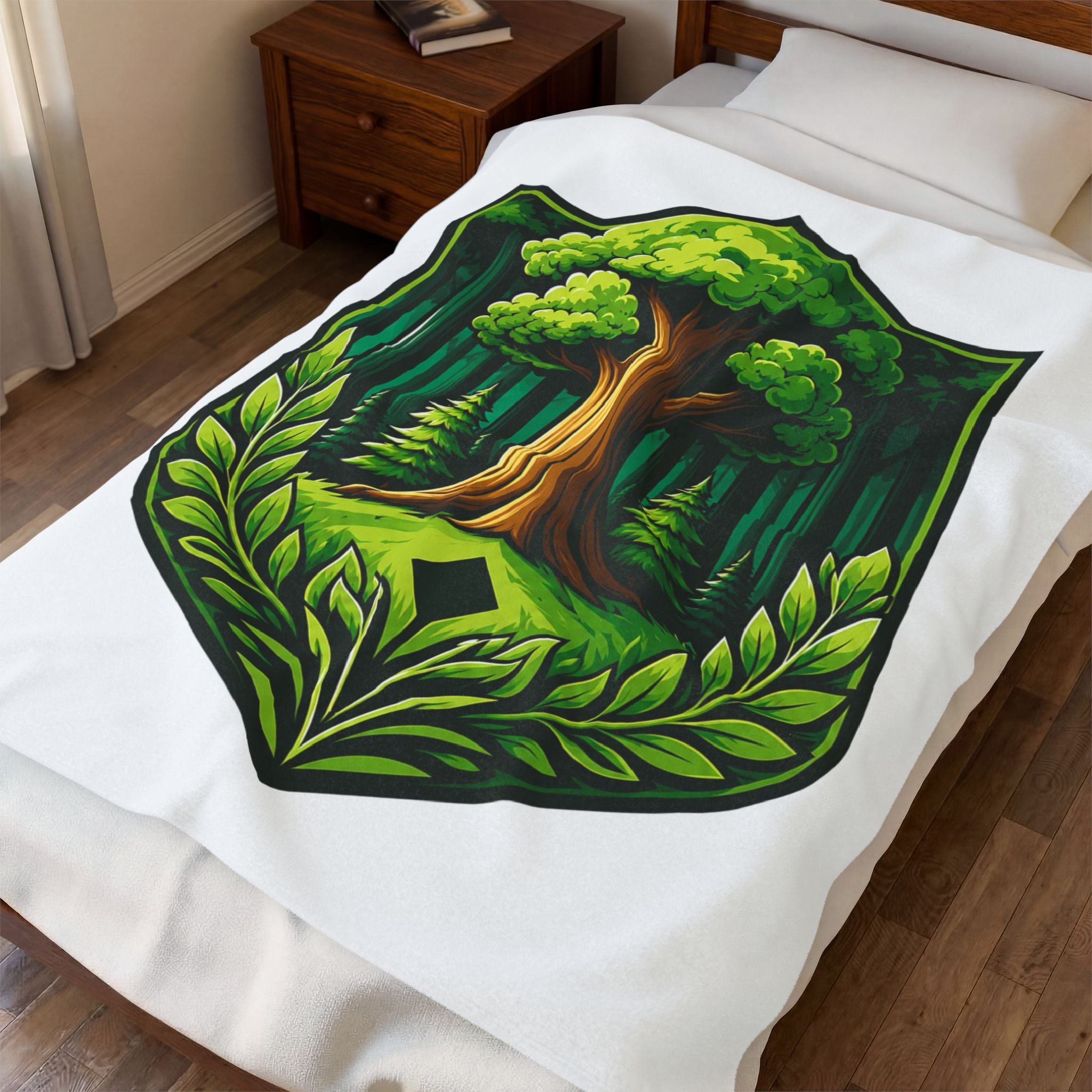Forest Crest Velveteen Plush Blanket — Green Tree Emblem Cozy Throw