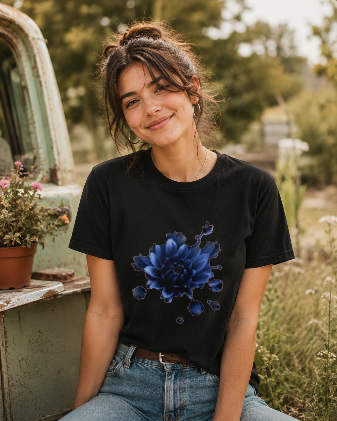 Floral Splash Baby Tee — Blue Blossom Front & Vintage Rose Back