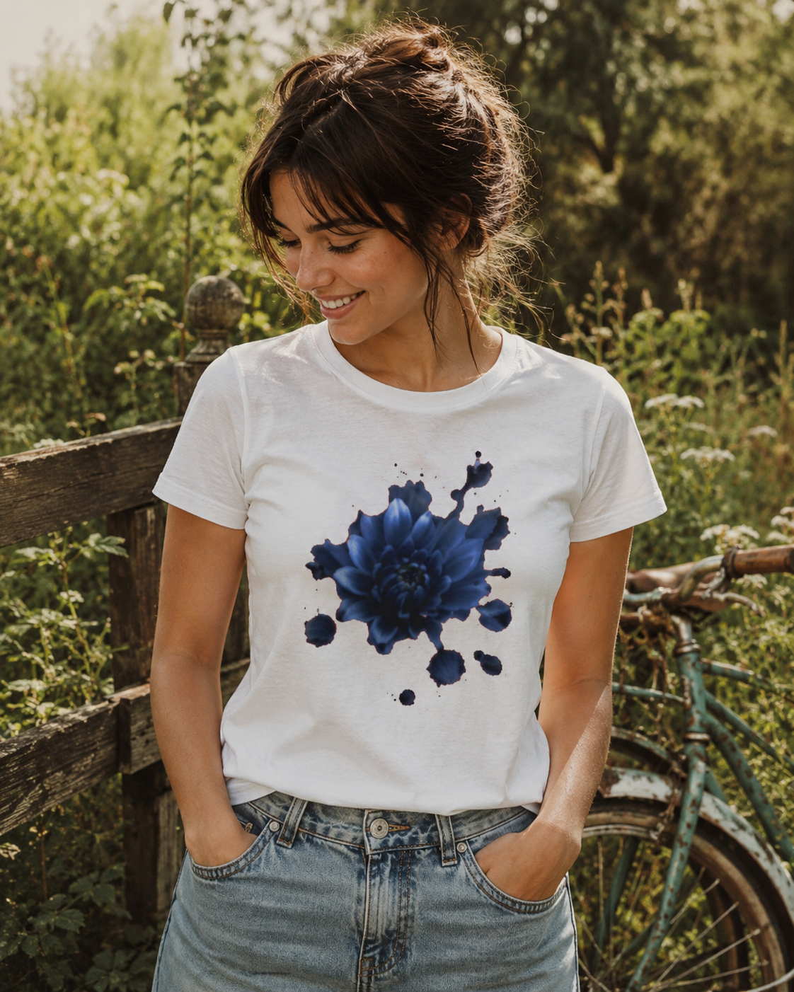 Floral Splash Baby Tee — Blue Blossom Front & Vintage Rose Back