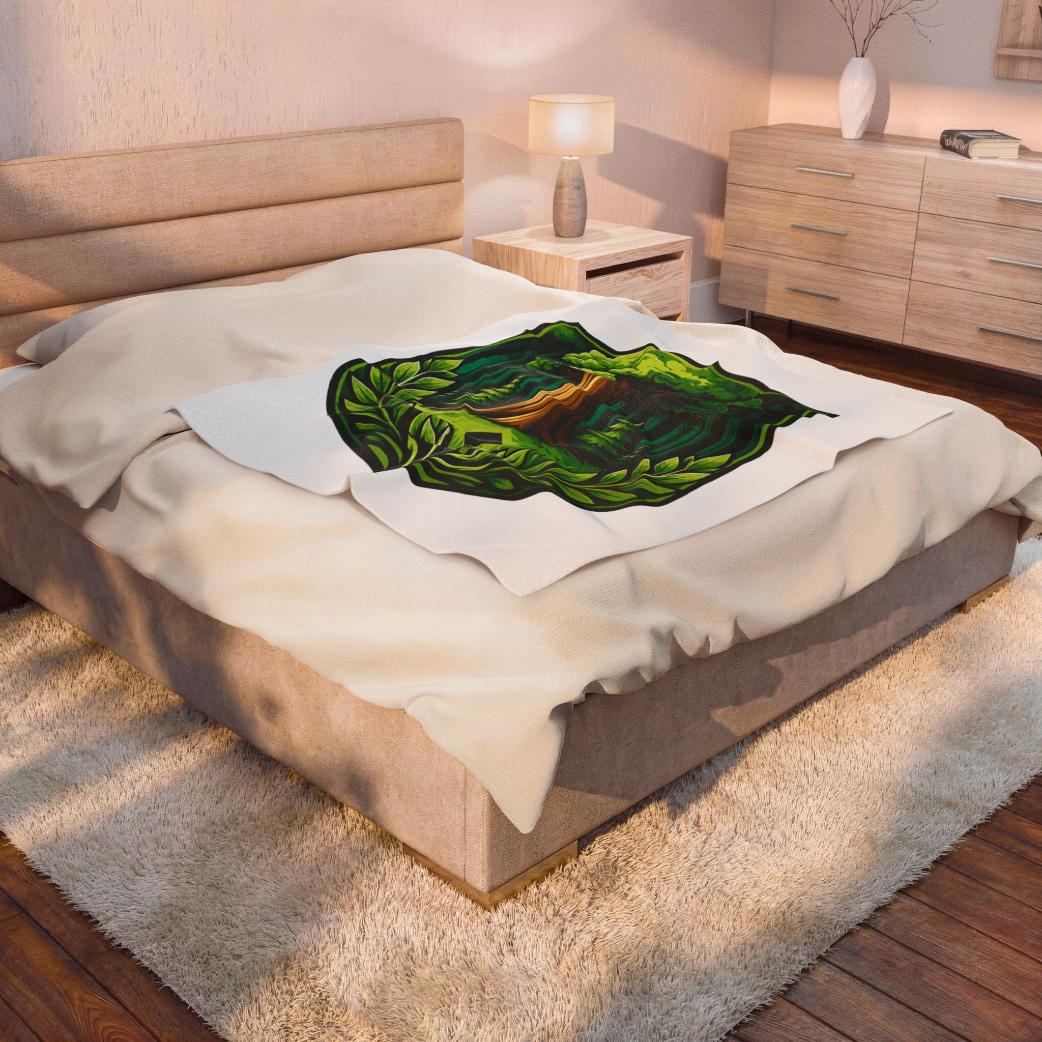 Forest Crest Velveteen Plush Blanket — Green Tree Emblem Cozy Throw