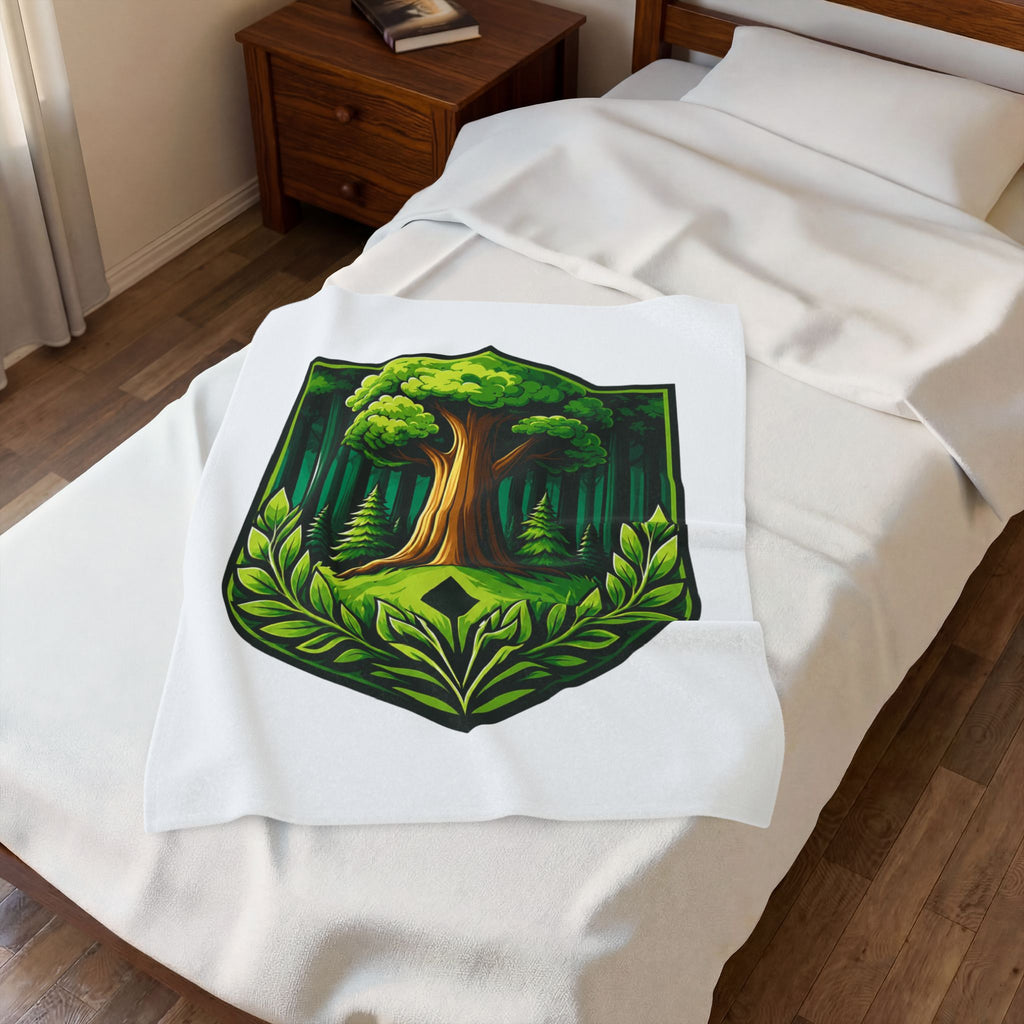 Forest Crest Velveteen Plush Blanket — Green Tree Emblem Cozy Throw