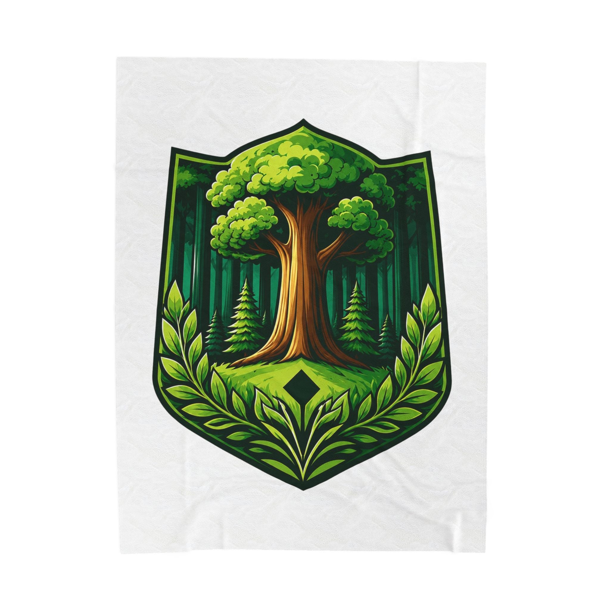 Forest Crest Velveteen Plush Blanket — Green Tree Emblem Cozy Throw