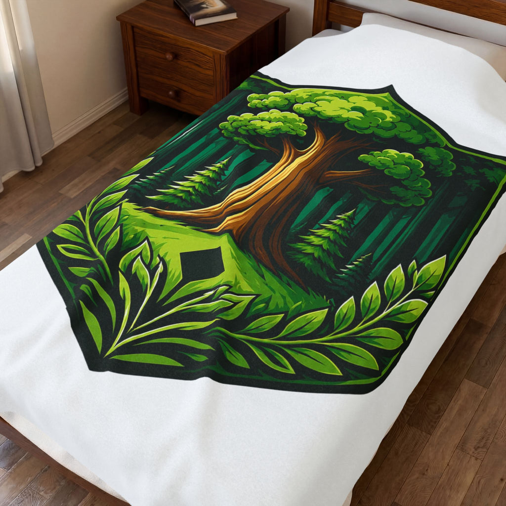 Forest Crest Velveteen Plush Blanket — Green Tree Emblem Cozy Throw